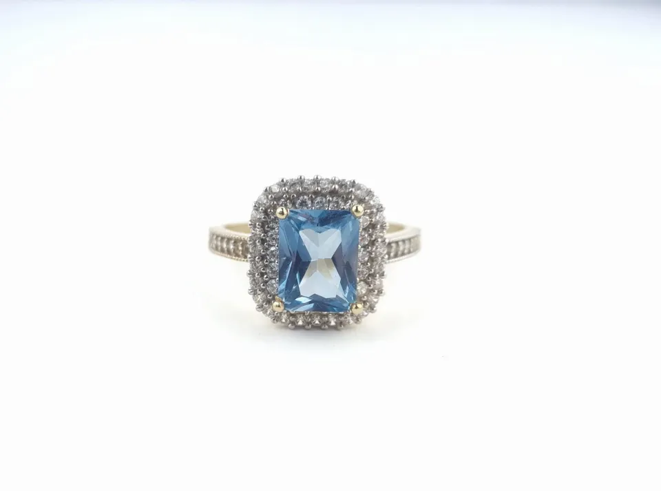 Pierścionek z topazem, złoto 585 żółte i białe, topaz, cyrkonia