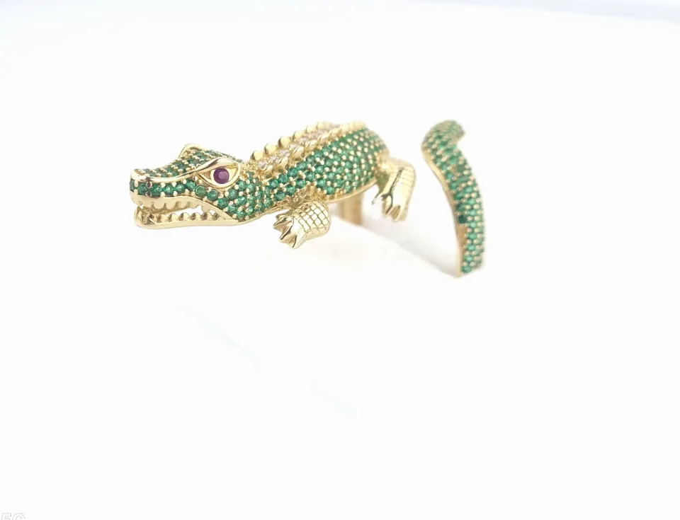 Pierścionek aligator, złoto 585 żółte, cyrkonia