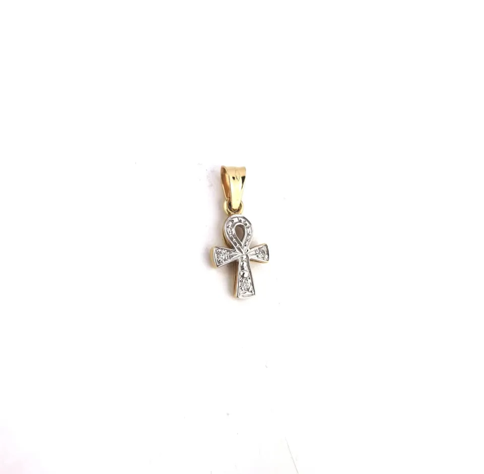 Krzyżyk ankh, złoto 585 żółte i białe, cyrkonia